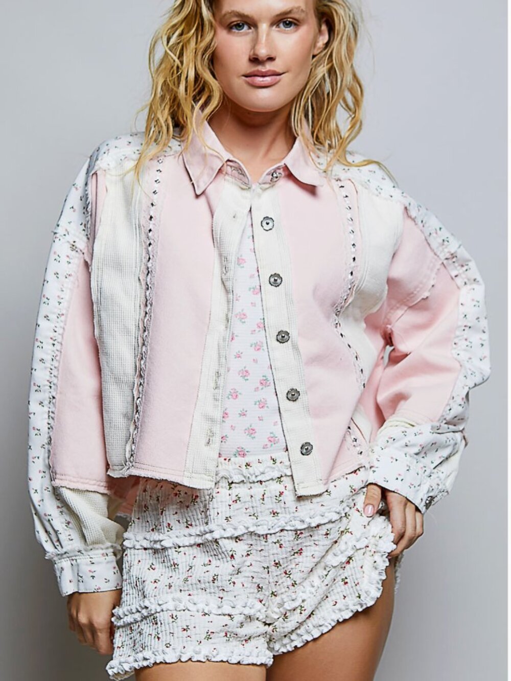 POL Blush Floral Patchwork Vintage Wash Twill Jacket NWT